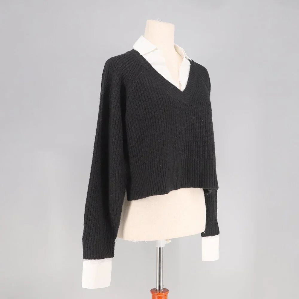 NWT ELAN Kasha Layered Collared V-Neck Cropped Sweater Shirt Black White Size S - Picture 4 of 9